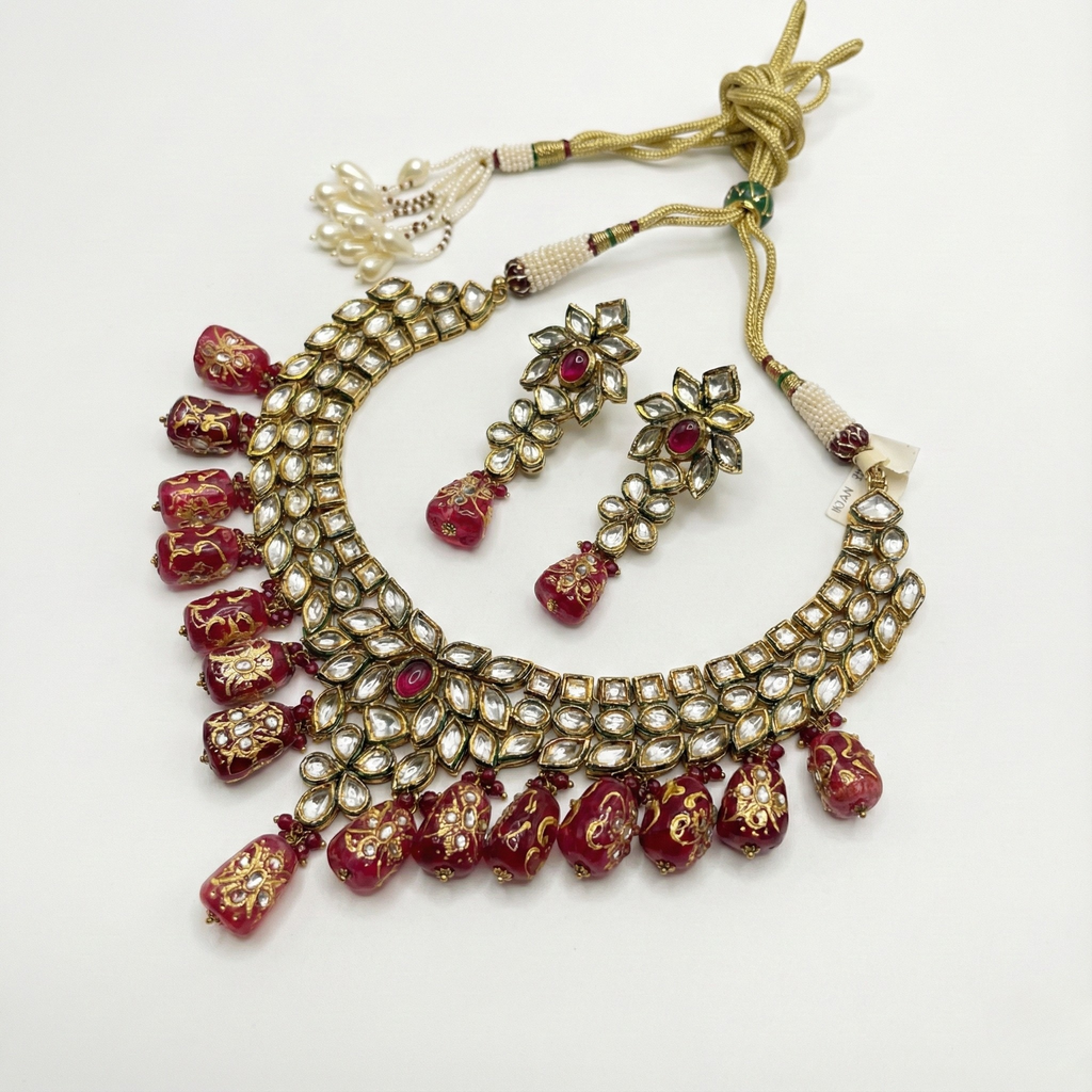 South Asian woman wearing the scarlet statement necklace — bridal look.