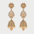 Ivory Bloom Jhumkas gold peach kundan jhumkas with pearl fringe on gray background
