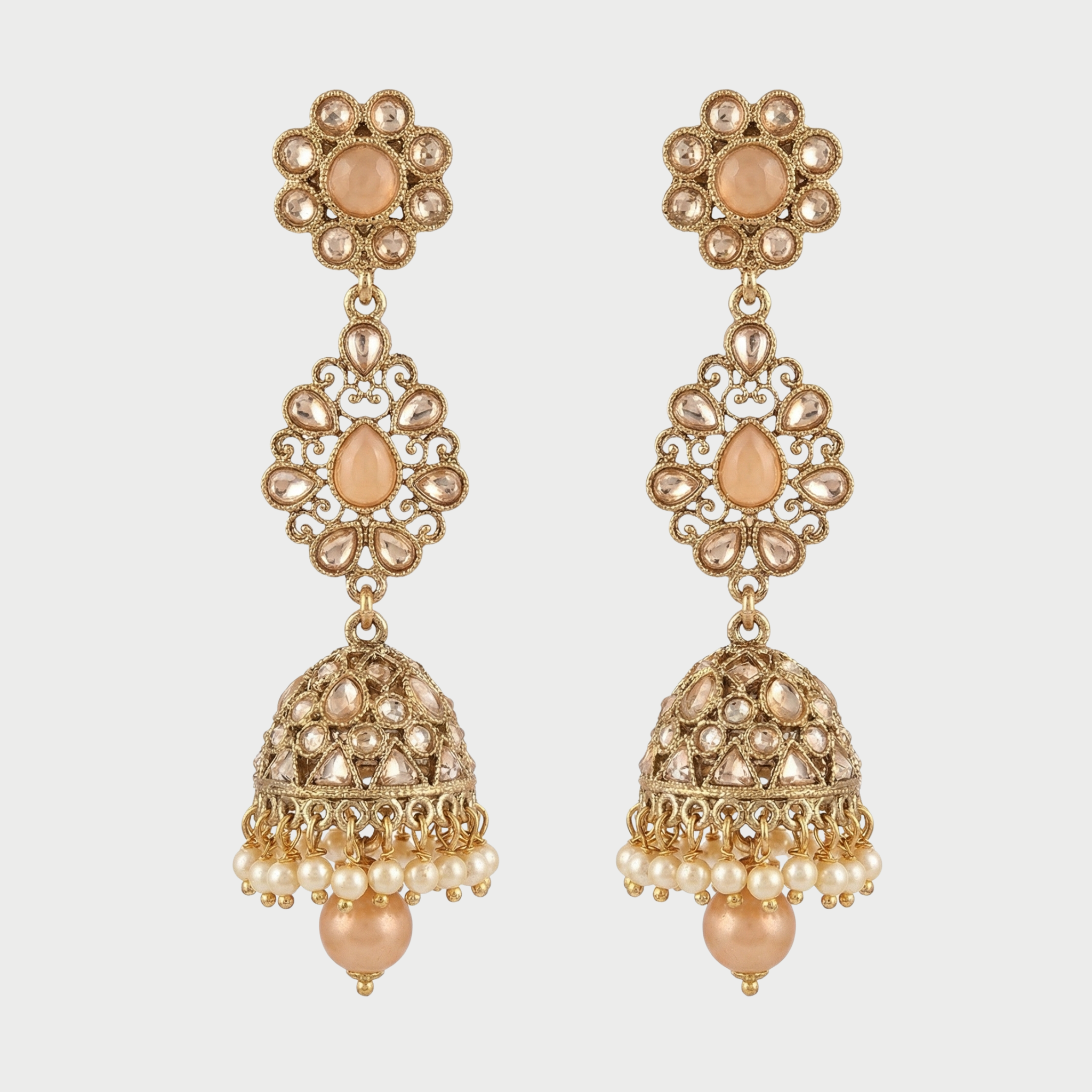 Ivory Bloom Jhumkas gold peach kundan jhumkas with pearl fringe on gray background