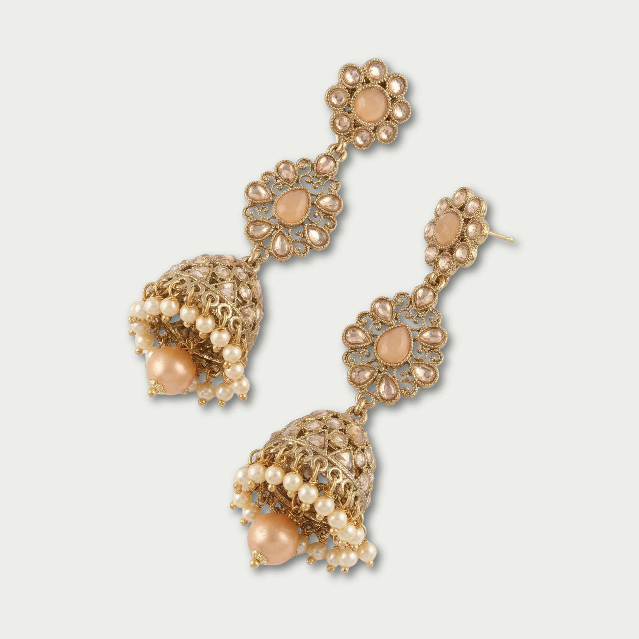 Ivory Bloom Jhumkas detail showing floral stud, filigree link, and crystal bell dome