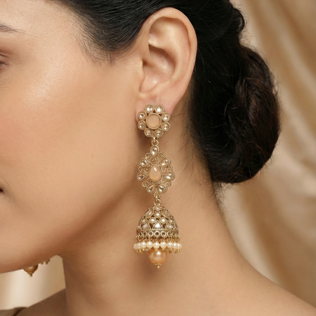 Ivory Bloom Jhumkas detail showing floral stud, filigree link, and crystal bell dome