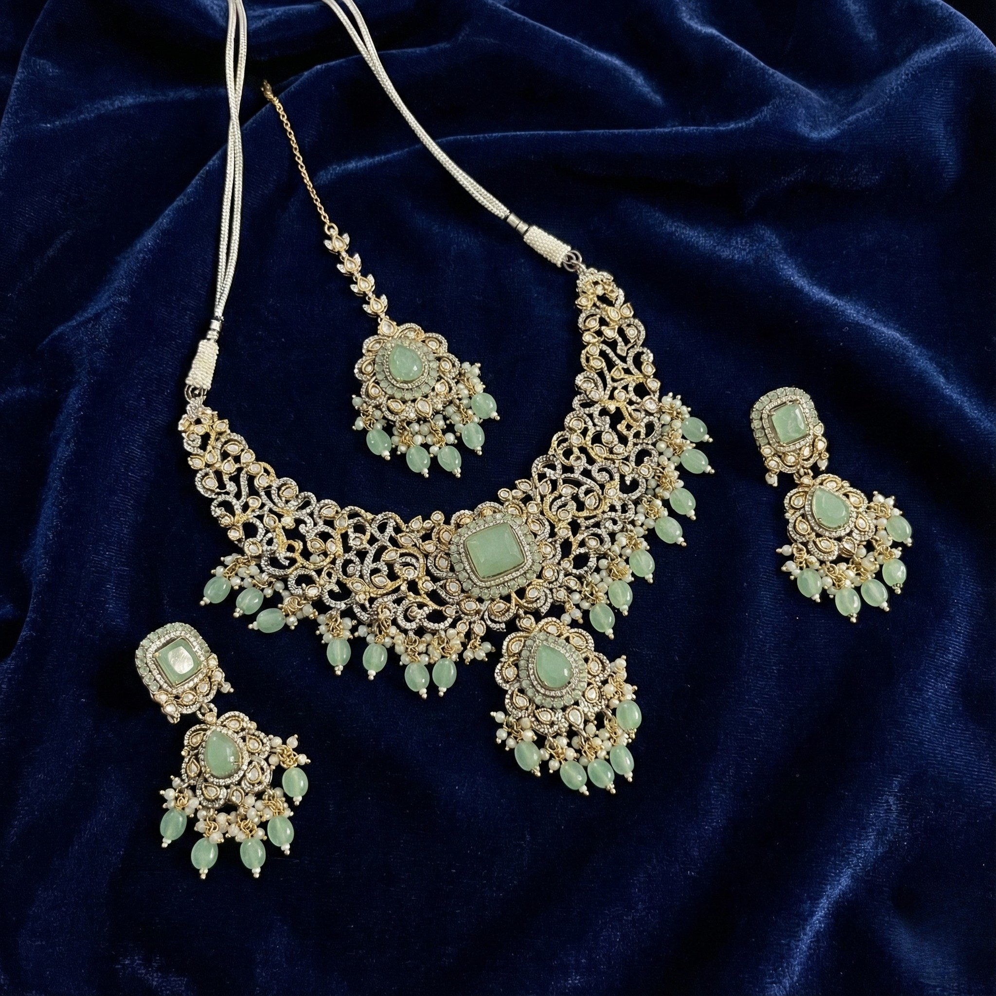 Soft Sage Drop Necklace Set necklace detail with sage accents and matching earrings, flatlay