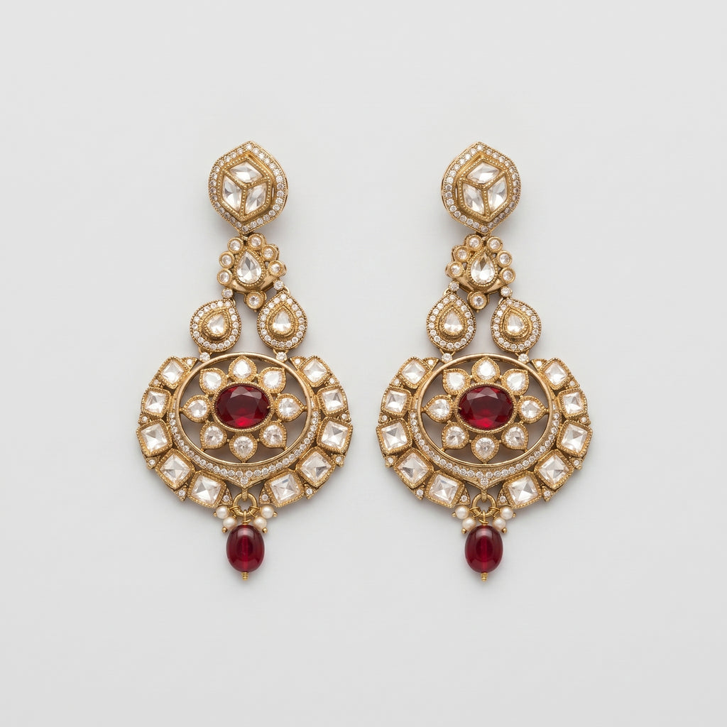 Kundan Ruby Earrings gold kundan drops with ruby medallion centers