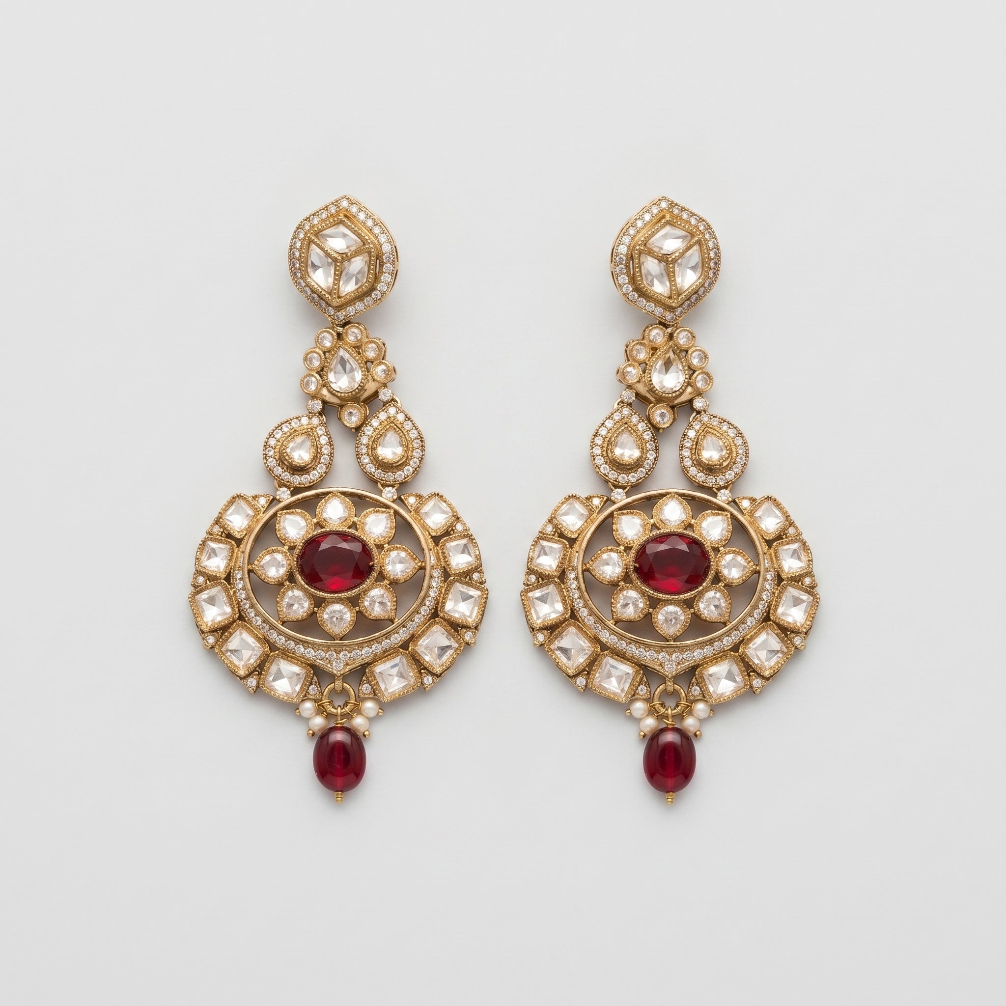 Kundan Ruby Earrings gold kundan drops with ruby medallion centers