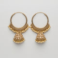 Kundan Moti Earrings gold-tone pearl fringe hoops with kundan jhumka drops on gray background