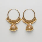 Kundan Moti Earrings gold-tone pearl fringe hoops with kundan jhumka drops on gray background