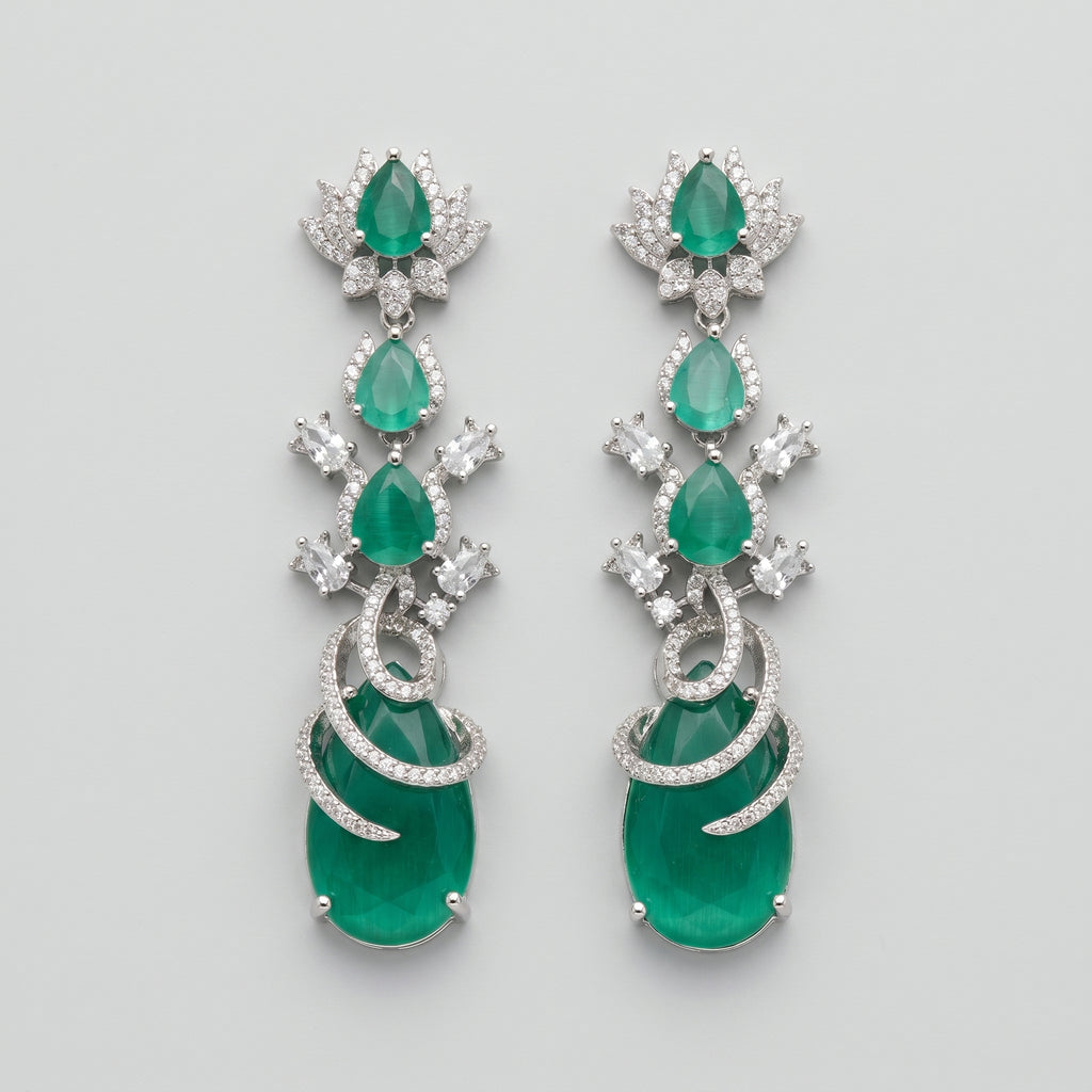 Sia Vine Earrings silver-tone emerald cat's eye four-tier drop earrings on gray background