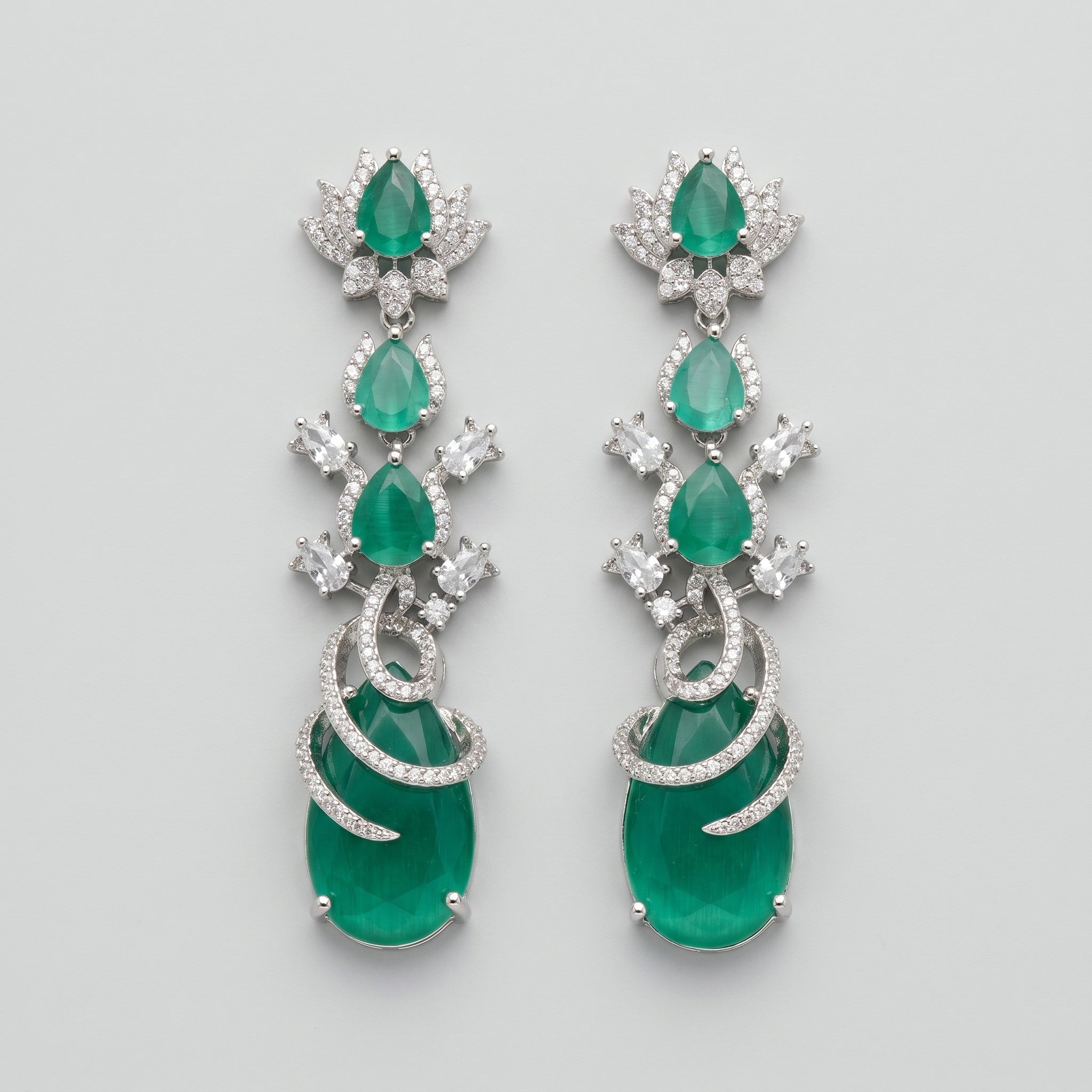 Sia Vine Earrings silver-tone emerald cat's eye four-tier drop earrings on gray background