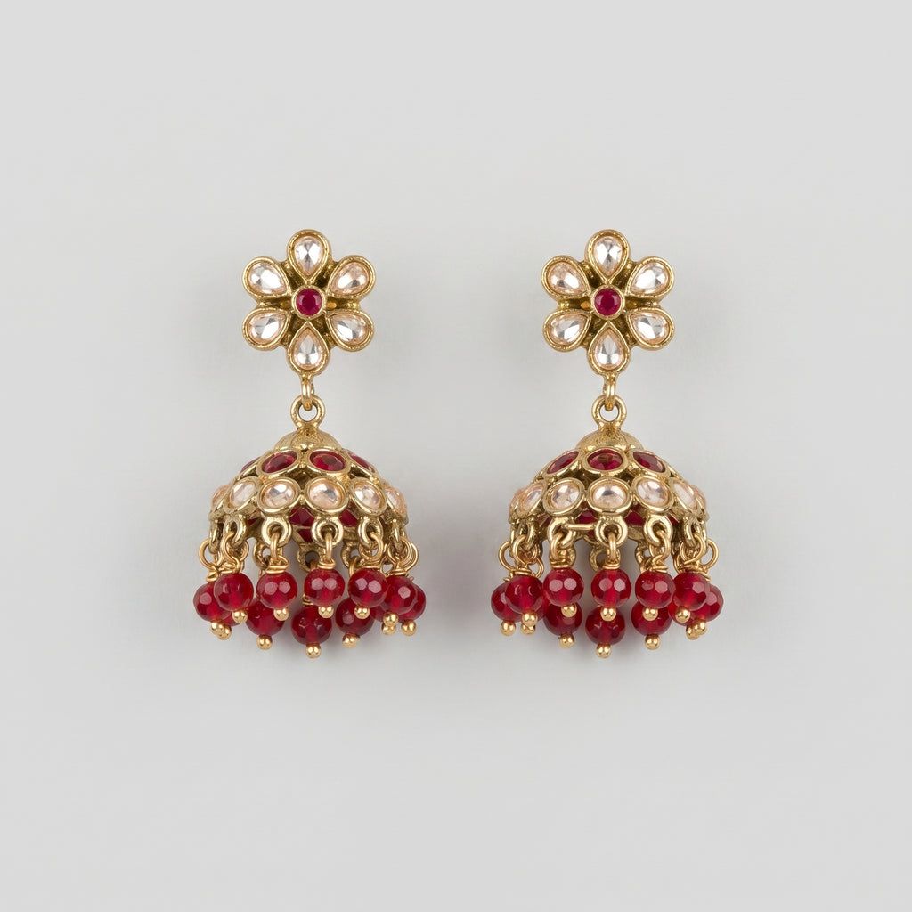 Amrita Ruby Earrings gold kundan jhumkas with ruby and clear stones on gray background