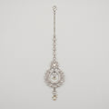 Rani Pearl Tikka silver-tone maang tikka with pearl drops and open circle pendant on gray background