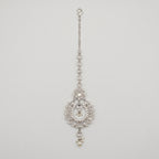 Rani Pearl Tikka silver-tone maang tikka with pearl drops and open circle pendant on gray background
