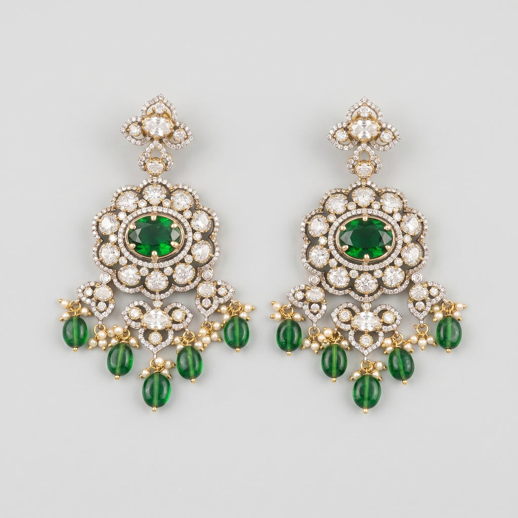 Rani Drop Earrings gold-tone emerald chandelier earrings with scalloped crystal halo on gray background