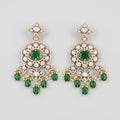 Rani Drop Earrings gold-tone emerald chandelier earrings with scalloped crystal halo on gray background