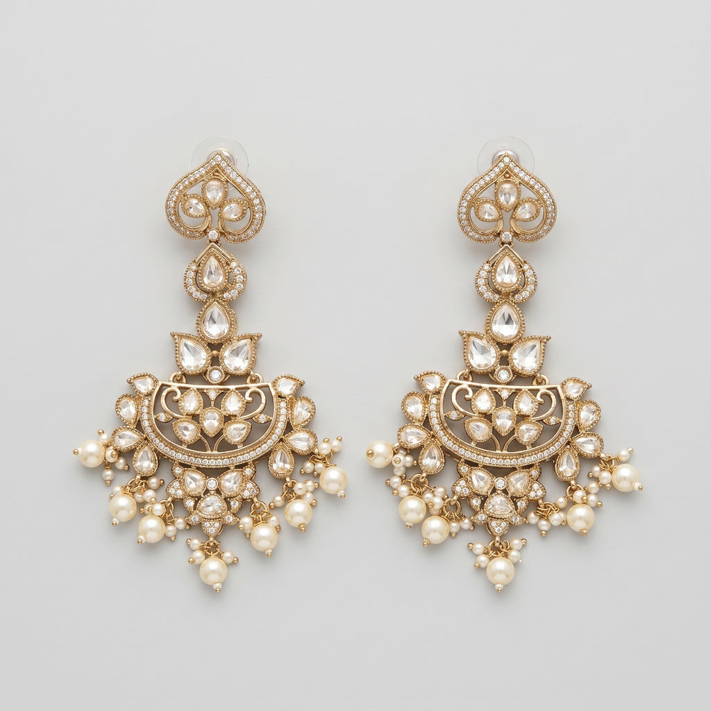 Moti Chandbali Earrings gold polki crescents with pearl fringe