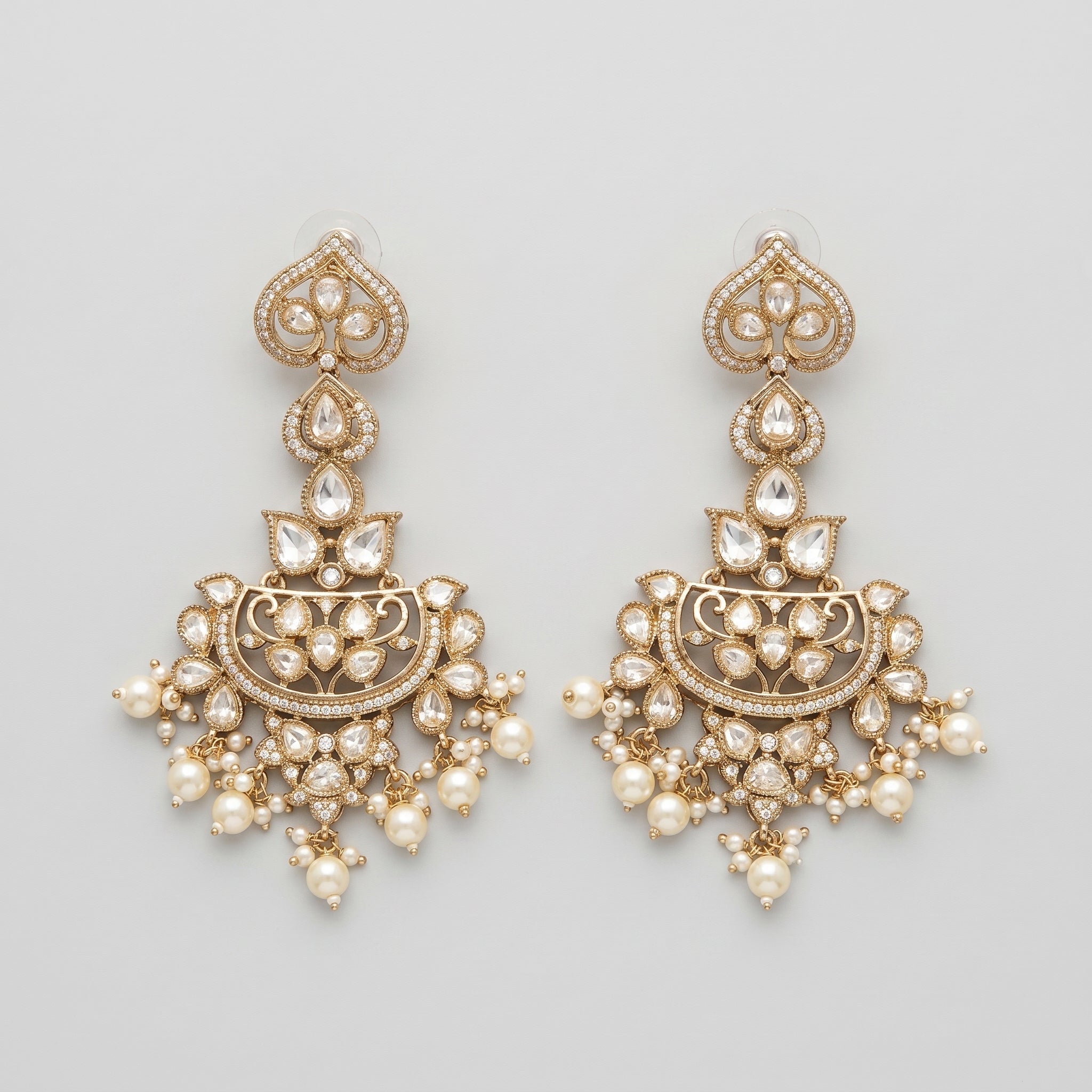 Moti Chandbali Earrings gold polki crescents with pearl fringe