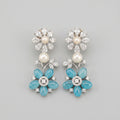 Moti Firoza Earrings rhodium-plated pearl floral drops with light blue cabochon flower dangles