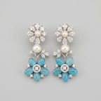 Moti Firoza Earrings rhodium-plated pearl floral drops with light blue cabochon flower dangles
