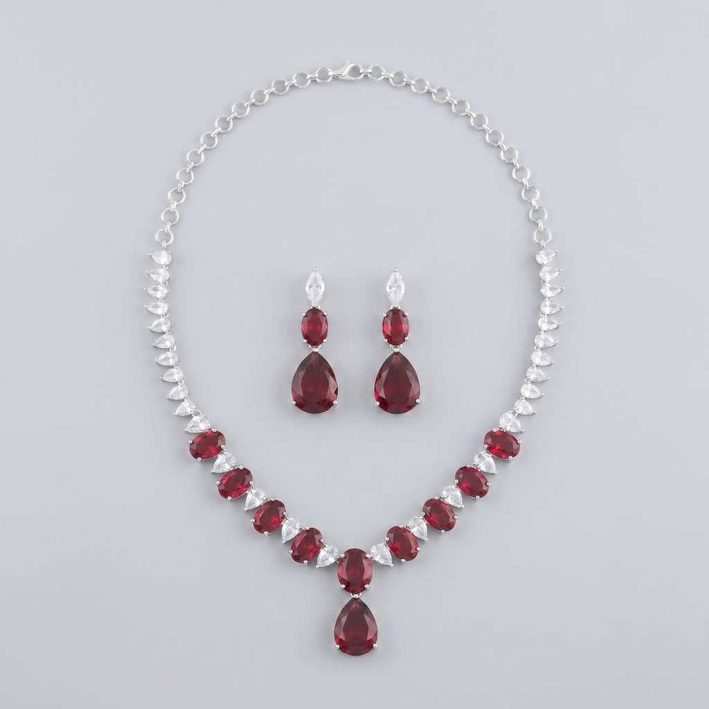 Rani Ruby Necklace Set silver collar with ruby-red oval and pear stones and matching earrings