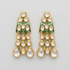 Kiara Emerald Earrings gold-tone green meenakari kundan drops with tiered teardrop crystals on gray background