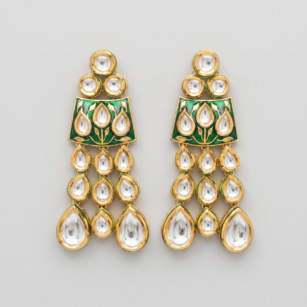 Kiara Emerald Earrings gold-tone green meenakari kundan drops with tiered teardrop crystals on gray background