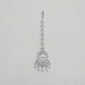 Crystal Drop Tikka silver maang tikka with marquise chain and emerald-cut center on gray background