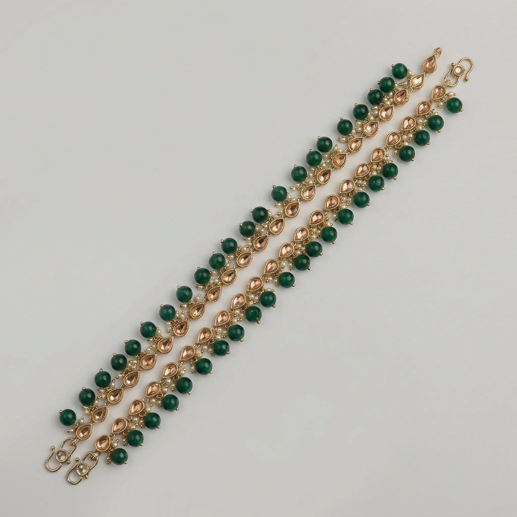 Rani Polki Anklet pair of gold-tone kundan payals with green beads and pearls