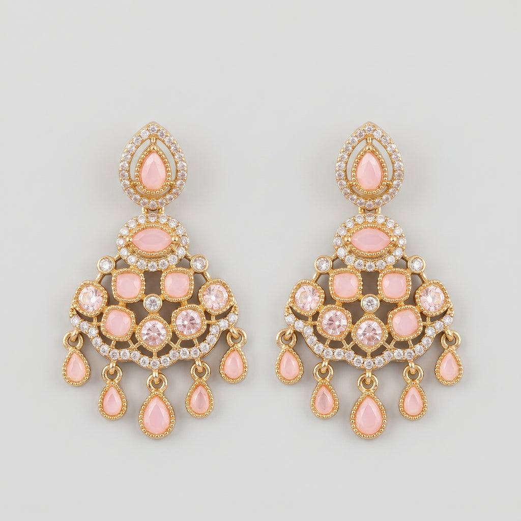 Rani Pink Earrings gold chandelier drops with pink cabochon fringe