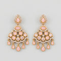 Rani Pink Earrings gold chandelier drops with pink cabochon fringe