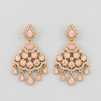 Rani Pink Earrings gold chandelier drops with pink cabochon fringe