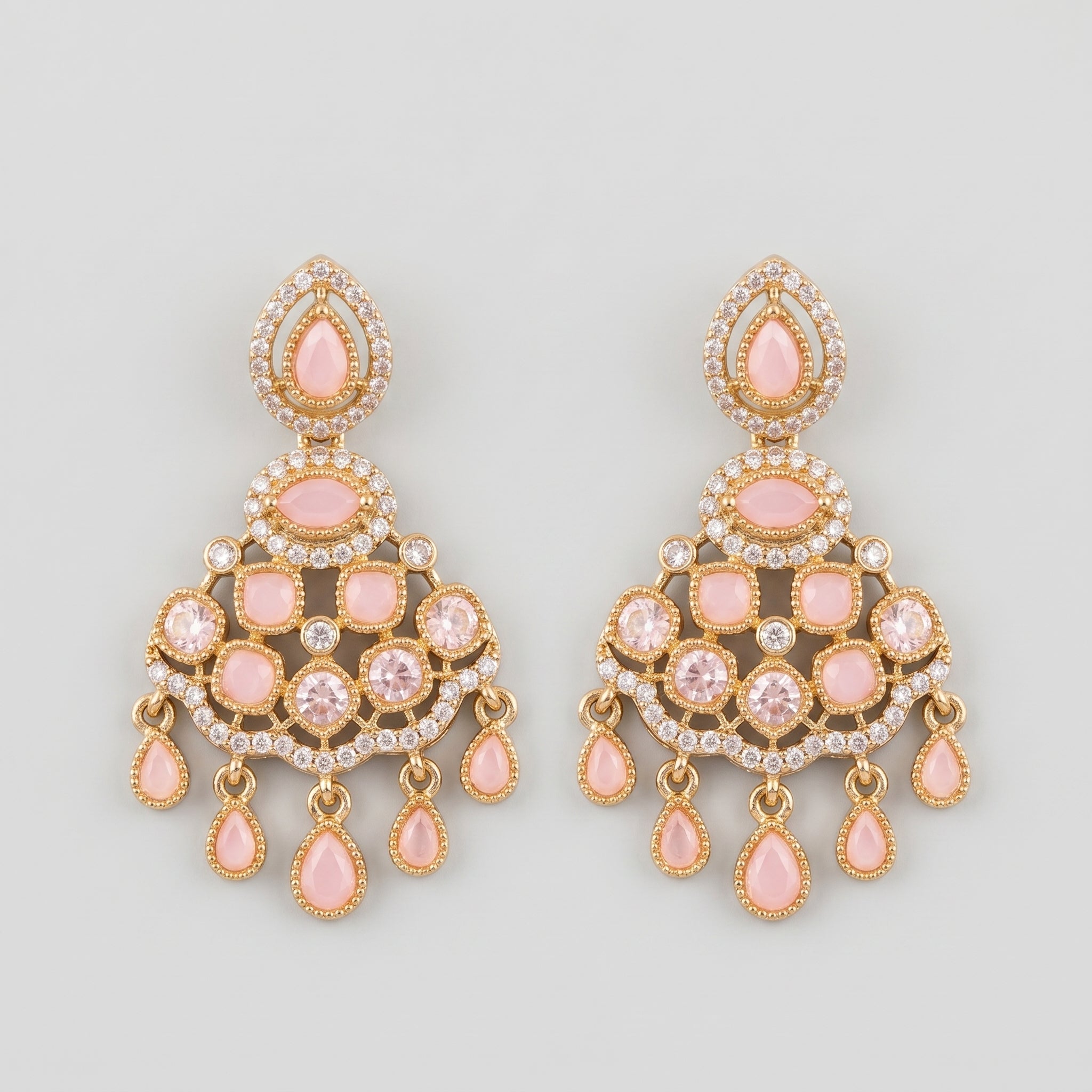 Rani Pink Earrings gold chandelier drops with pink cabochon fringe