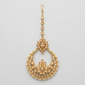 Kamal Crystal Tikka gold chaandbali maang tikka with champagne crystals and pearl fringe on gray background