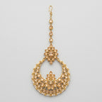 Kamal Crystal Tikka gold chaandbali maang tikka with champagne crystals and pearl fringe on gray background