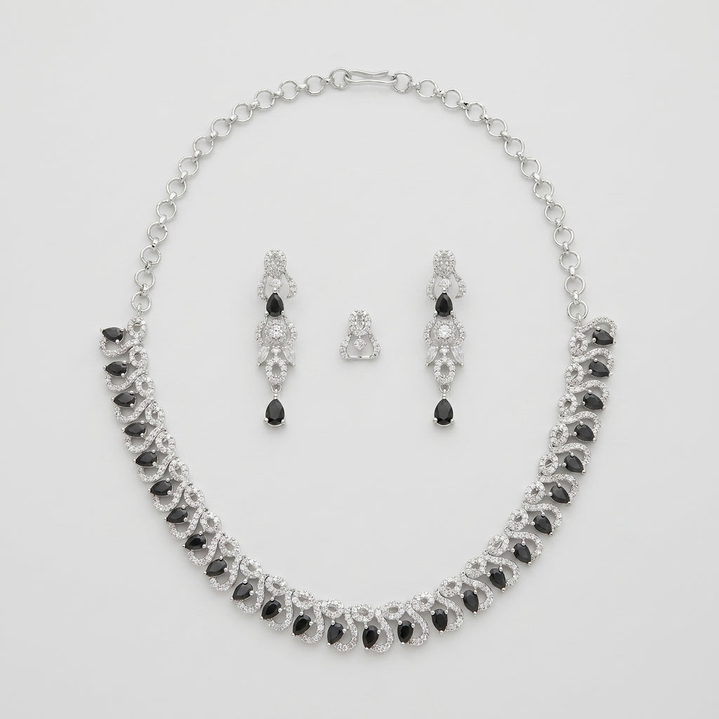 Rani Onyx Necklace Set silver collar with black onyx teardrops and matching drop earrings