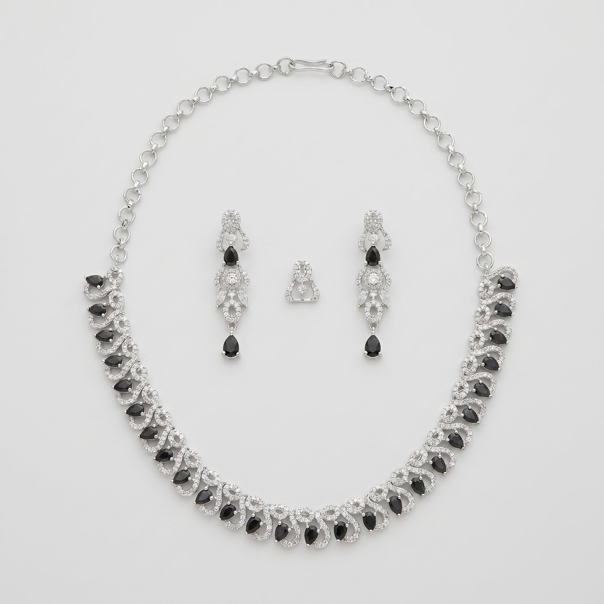 Rani Onyx Necklace Set silver collar with black onyx teardrops and matching drop earrings