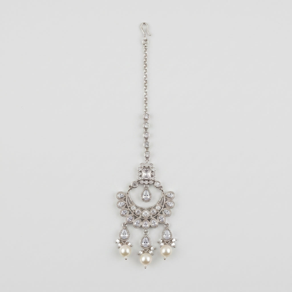 Chandani Pearl Tikka silver chandbali maang tikka with crystal crescent and pearls