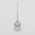 Chandani Pearl Tikka silver chandbali maang tikka with crystal crescent and pearls