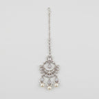 Chandani Pearl Tikka silver chandbali maang tikka with crystal crescent and pearls
