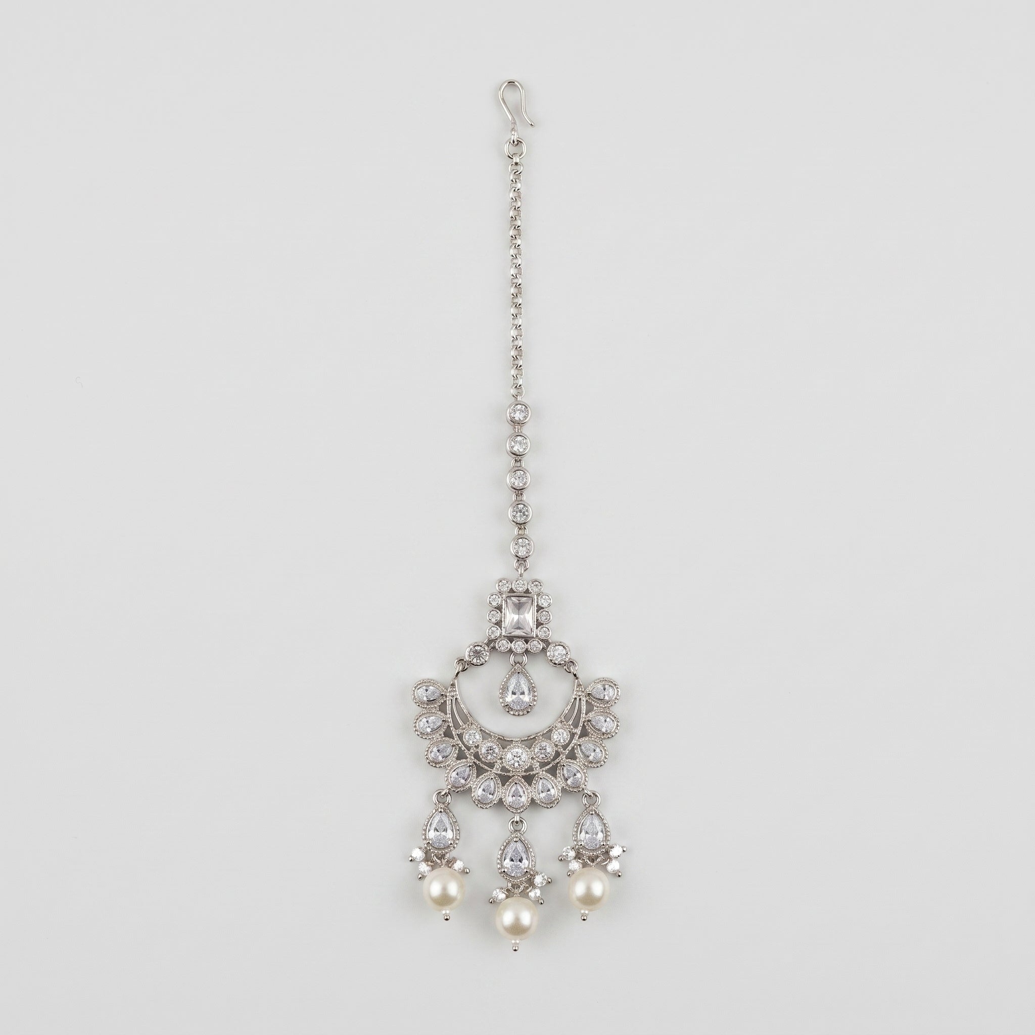 Chandani Pearl Tikka silver chandbali maang tikka with crystal crescent and pearls