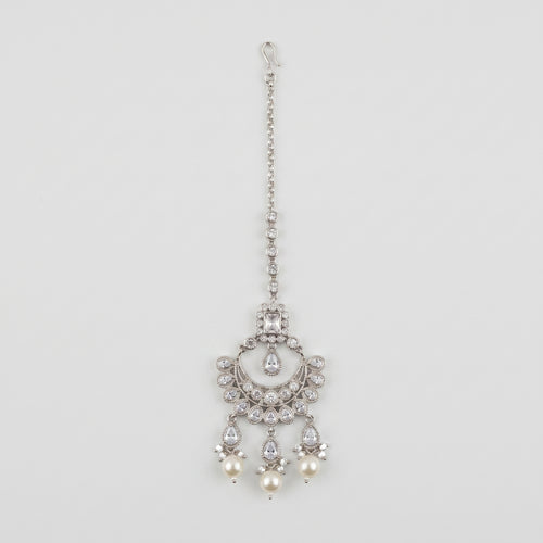 Chandani Pearl Tikka silver chandbali maang tikka with crystal crescent and pearls