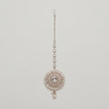 Mandala Crystal Tikka silver maang tikka with mandala round pendant clear crystals and pearl border on gray background