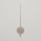 Mandala Crystal Tikka silver maang tikka with mandala round pendant clear crystals and pearl border on gray background