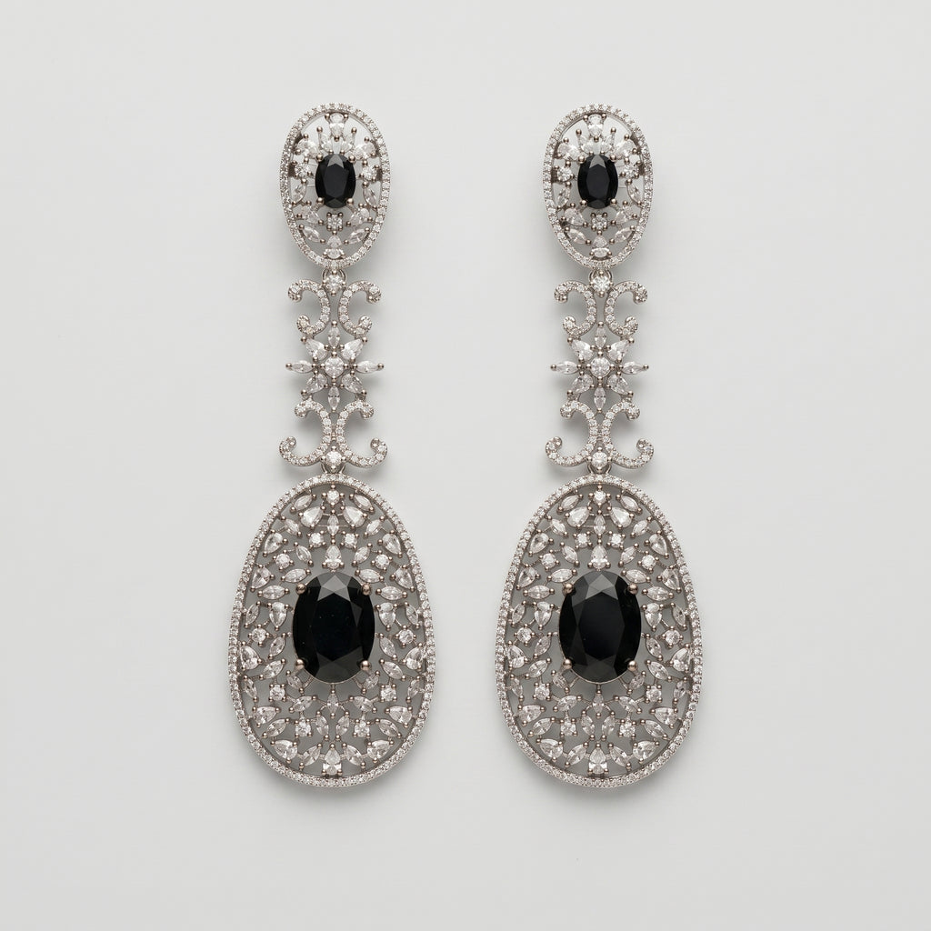 Zara Onyx Earrings silver-tone black onyx three-tier drop earrings with crystal filigree on gray background