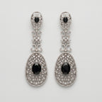 Zara Onyx Earrings silver-tone black onyx three-tier drop earrings with crystal filigree on gray background