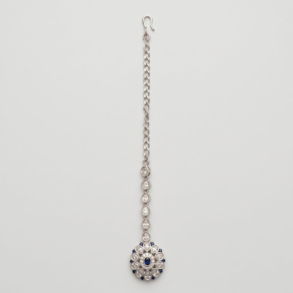 Nilam Bloom Tikka silver maang tikka with navy floral medallion