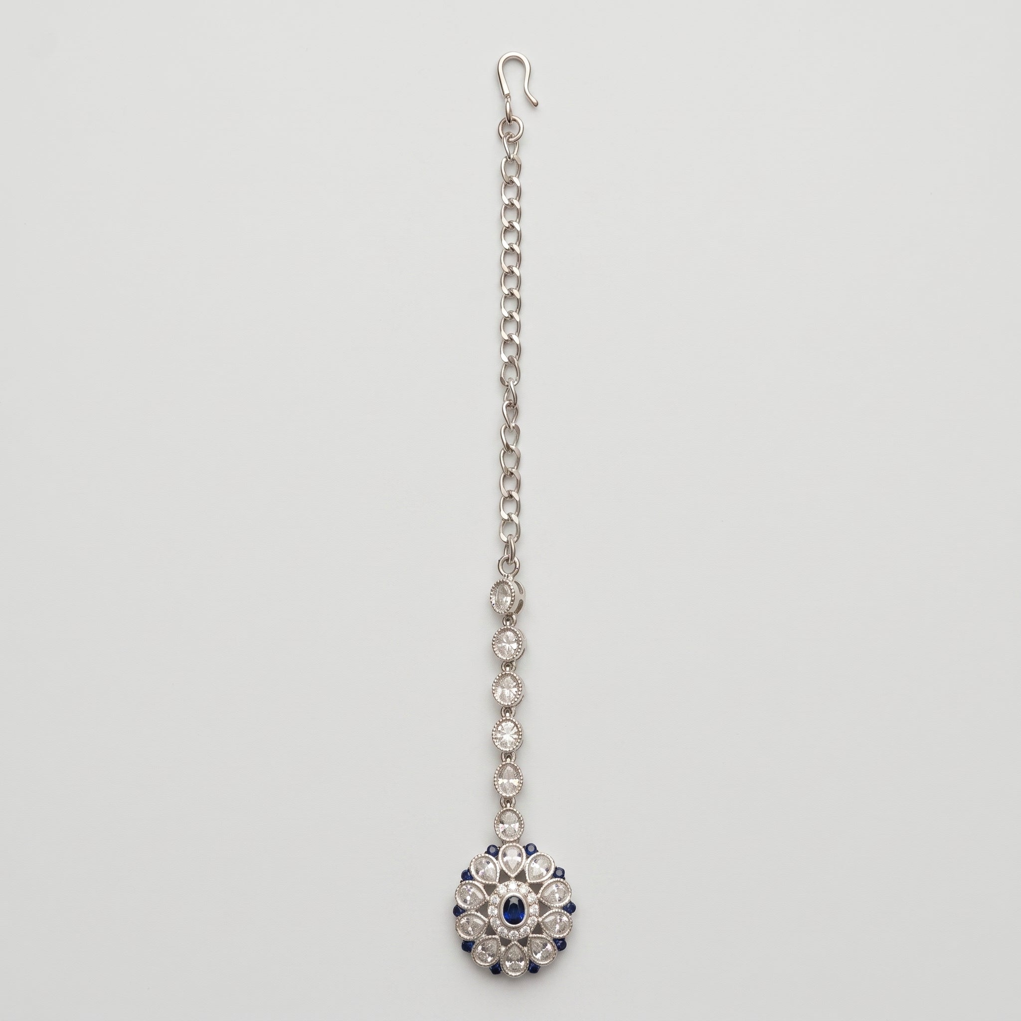 Nilam Bloom Tikka silver maang tikka with navy floral medallion