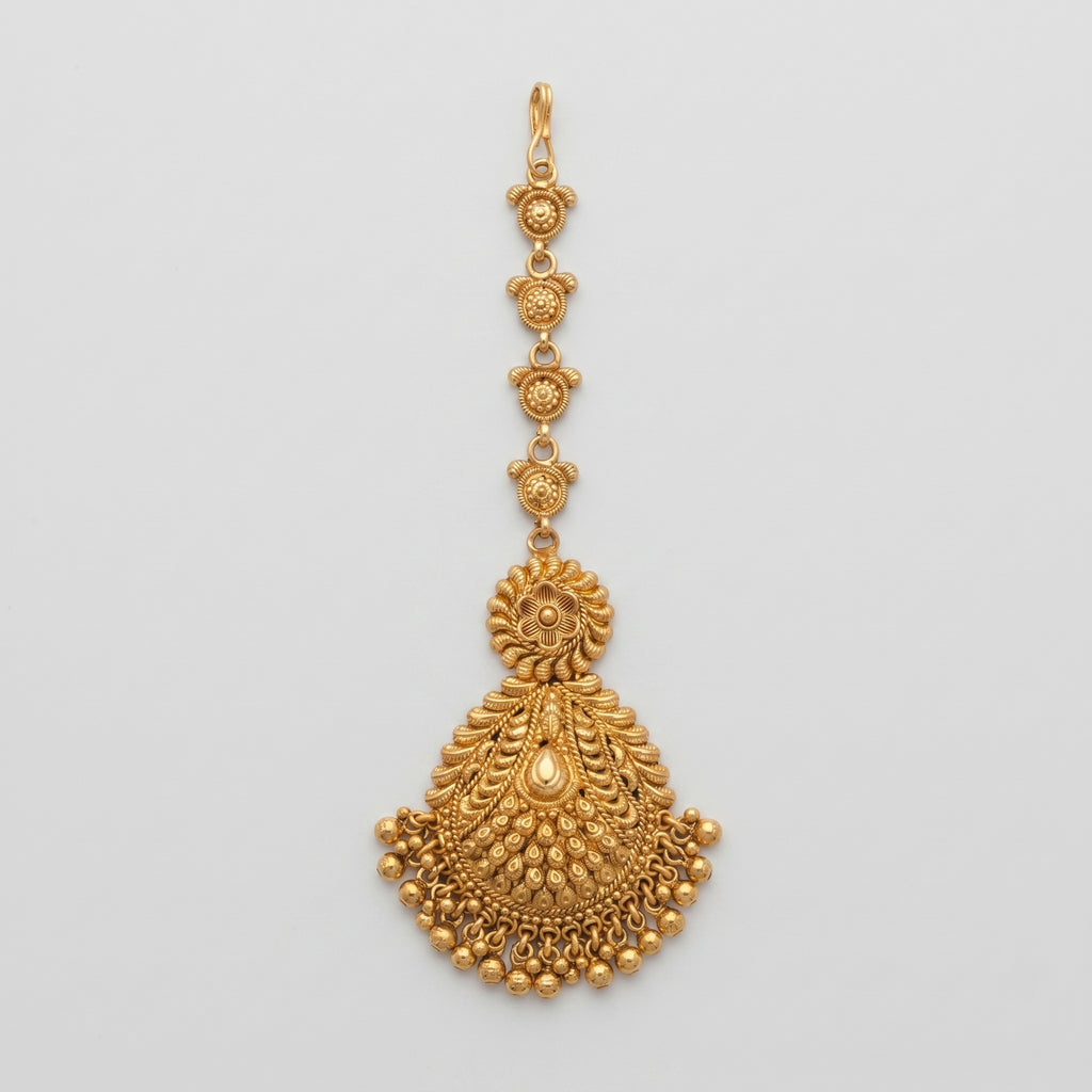 Rani Flora Tikka matte gold maang tikka with floral medallion and bead fringe