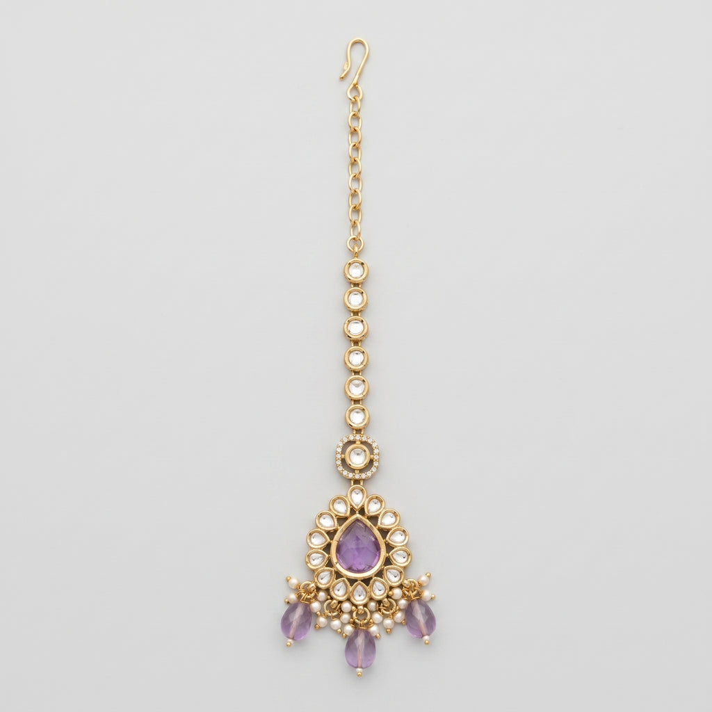 Sia Amethyst Tikka gold maang tikka with purple teardrop center and pearl dangles