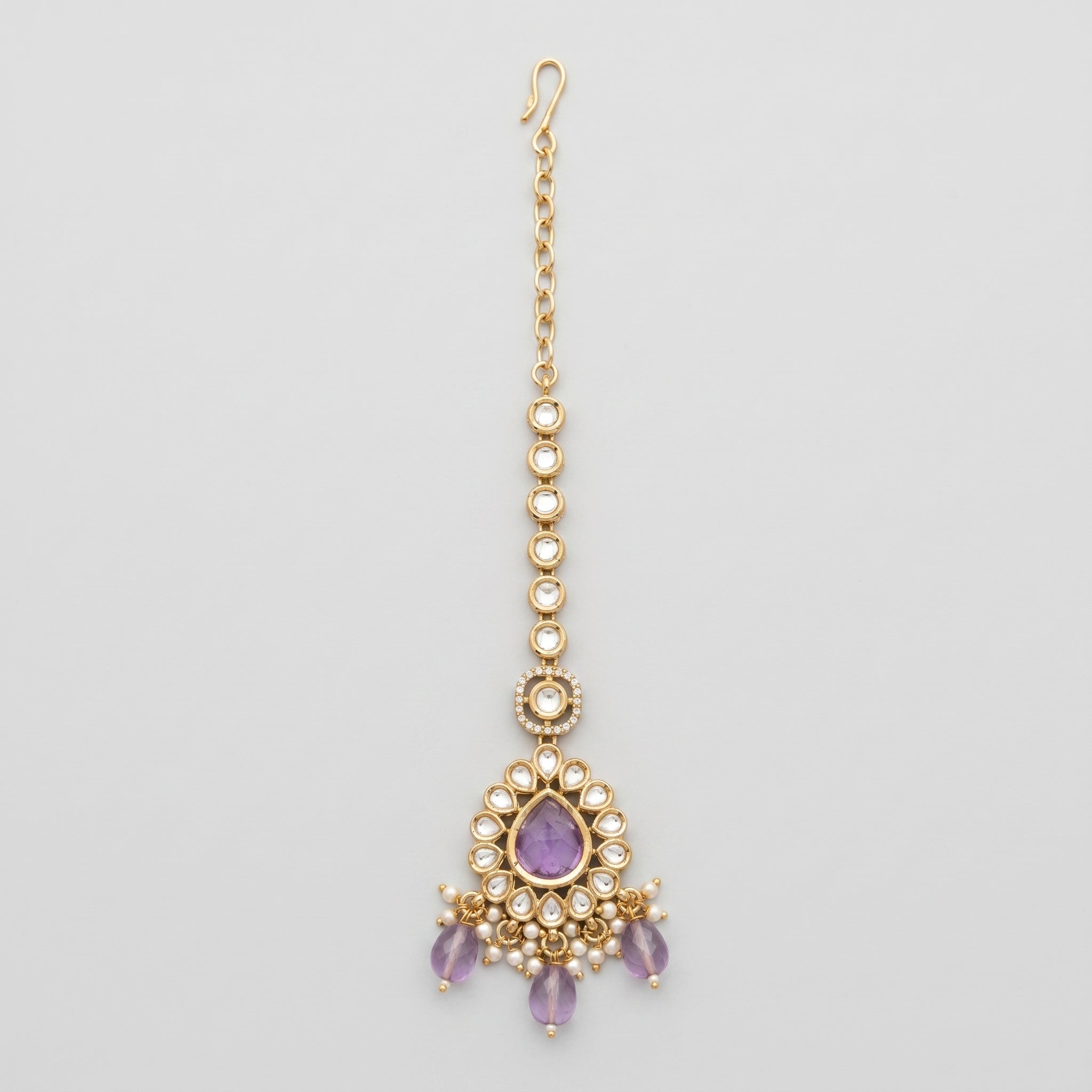 Sia Amethyst Tikka gold maang tikka with purple teardrop center and pearl dangles