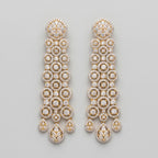 Rani Cascade Earrings long gold-tone crystal circle chandelier drops on gray background