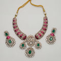 Meena Emerald Necklace Set silver collar with peacock motif, pink and green stones, and earrings